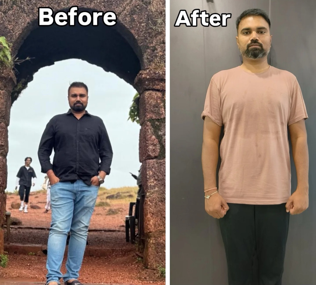 Client before and after, with a leaner face, slimmer waist and fitter build